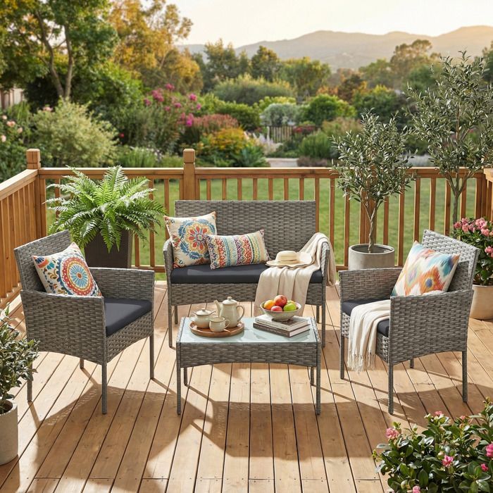 Conjunto de mesa y sillas de jardín para 4 personas, sillones y banco de resina tejida, mesa, para patio, gris.