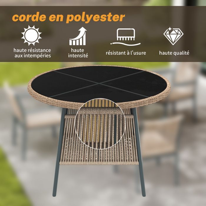 Conjunto de jardín moderno de ratán – Mesa redonda de cristal + 4 sillones, estructura de hierro, para patio o balcón – GRIS