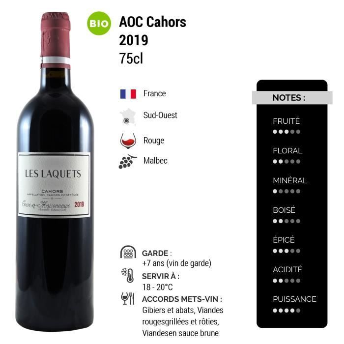 Cahors Les Laquets Rouge 2019 - Bio - Lot de 3x75cl - Domaine Cosse-Maisonneuve - Vin AOC Rouge du Sud-Ouest - Cépage Malbec
