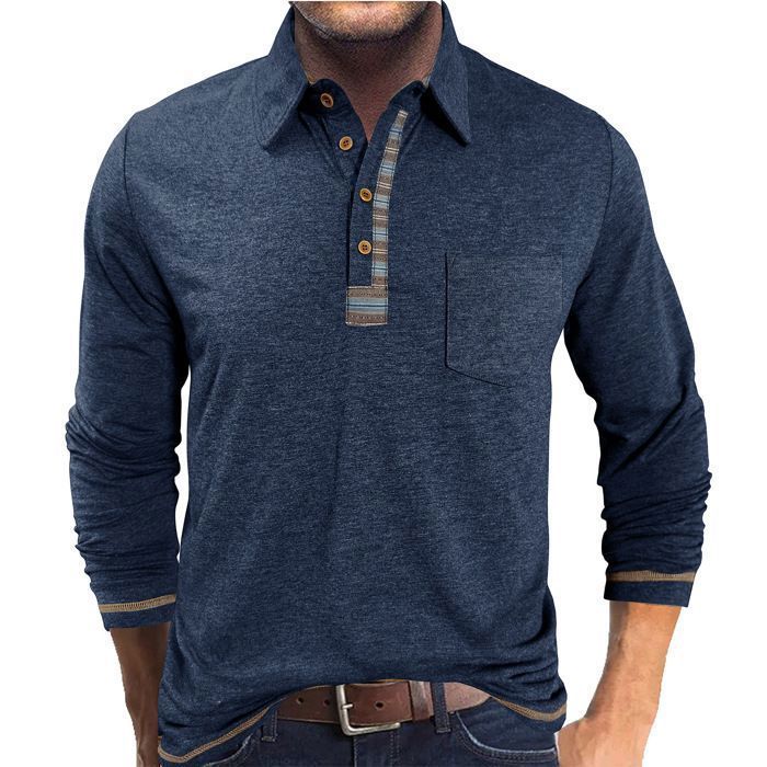 Men's Long Sleeve Regular Fit Polo Shirt with Pocket, Contrasting Colors, Spring and Autumn - EU Size - Navy Blue