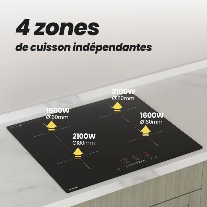 FIREGAS induction hob, 4 zones, 7400 W, fast and precise cooking, 59 cm
