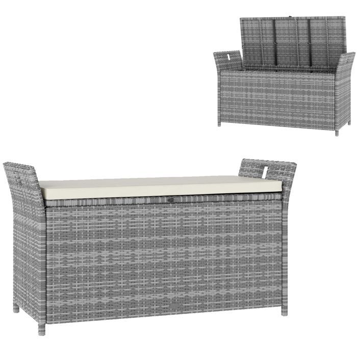 Banco de almacenamiento exterior - Outsunny - resina tejida - 250 L - cojín extraíble - blanco