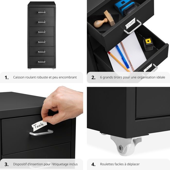 Office pedestal - TECTAKE - Rolling cart with 6 steel drawers and label inserts 41 x 28 x 69 cm - Black