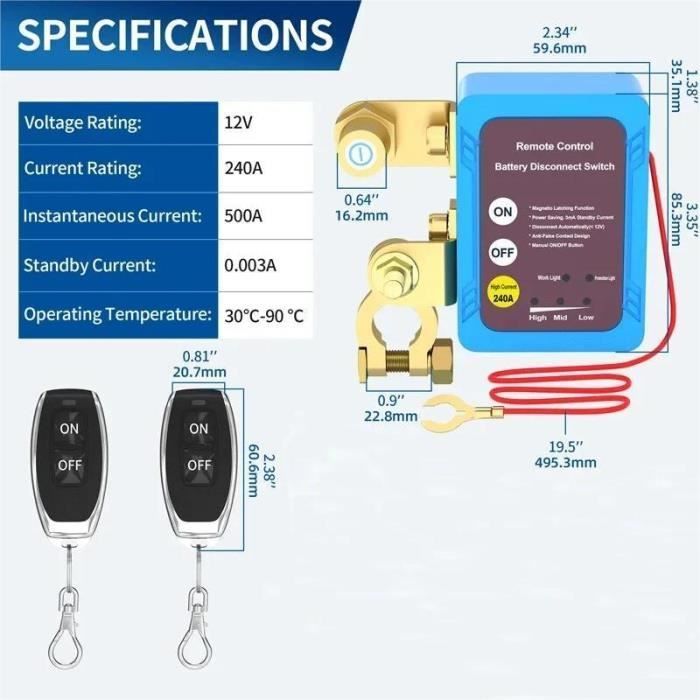 Interruttore remoto wireless per batteria PRUMYA 12V 240A (500A di picco) — Spegnimento automatico, standby 3mA