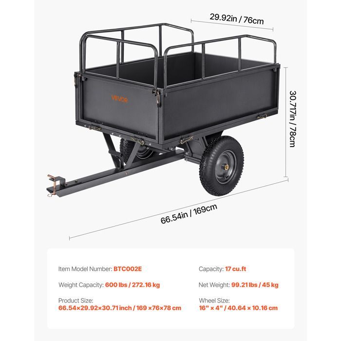 Remolque basculante VEVOR 481 L - Remolque de acero para tractor cortacésped - Capacidad de carga de 272 kg