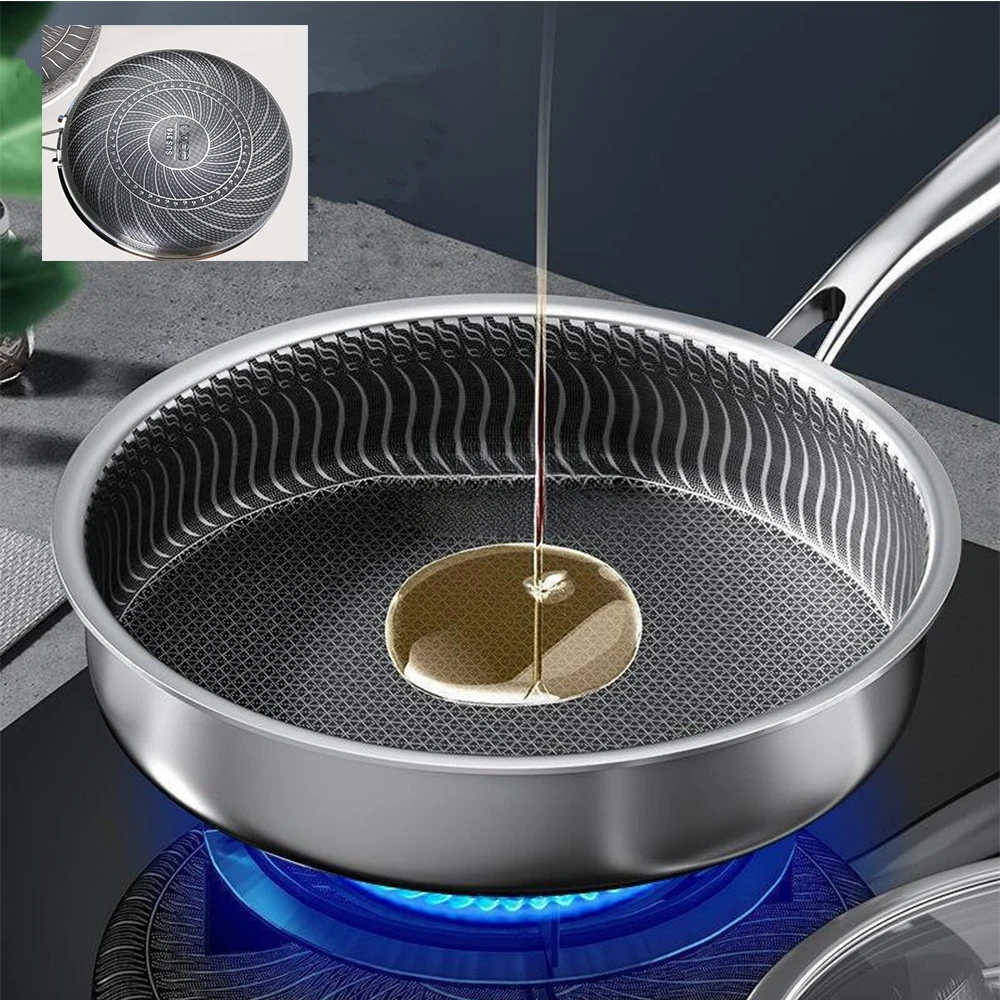 Poêle à frire en acier inoxydable 316 à motif nid d'abeille, antiadhésive, pour la cuisson des steaks, à fond plat, wok, compatible avec les plaques à induction, ustensiles de cuisine universels