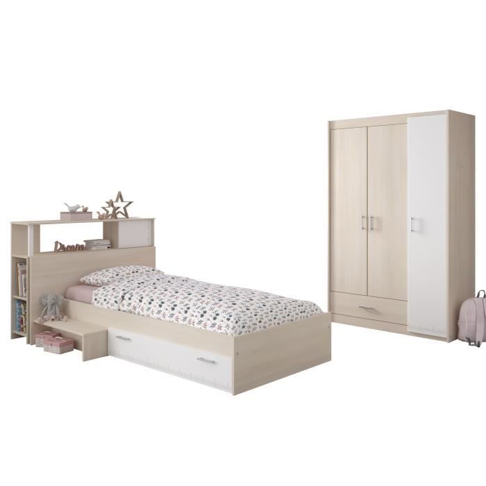 PARISOT Chambre enfant complète - Tête de lit + lit + armoire - Style contemporain - Décor acacia clair et blanc - CHARLEMAGNE