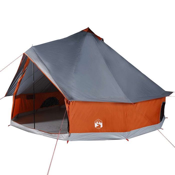 Tenda tipi per famiglie, impermeabile, grigia e arancione, per 6 persone.