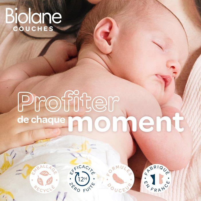 BIOLANE - Couches bébé taille 2 (3-6kg) - Peaux Sensibles - Demi pack 81 couches