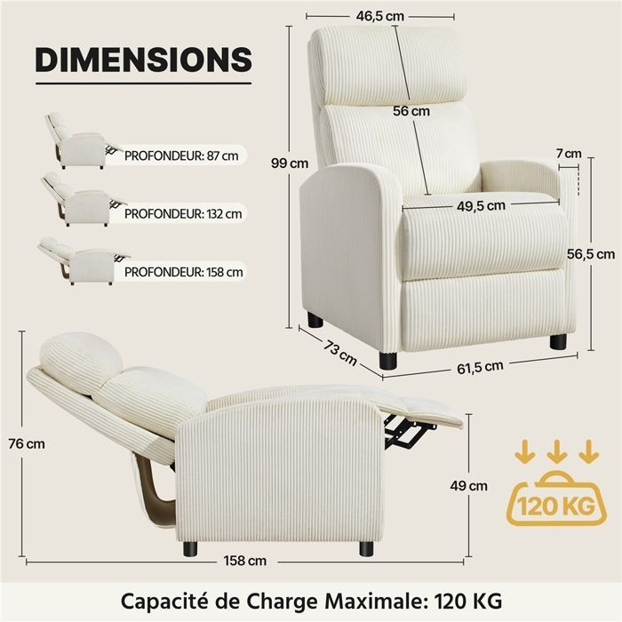 Sillón reclinable Yaheetech Velvet, sillón acolchado, sillón convertible con reposapiés, color beige.