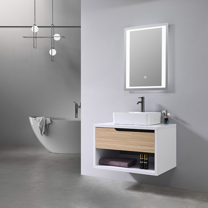 Single sink bathroom vanity unit 80cm wood and white with LED mirror LB-8153-80 LuxuryBain-