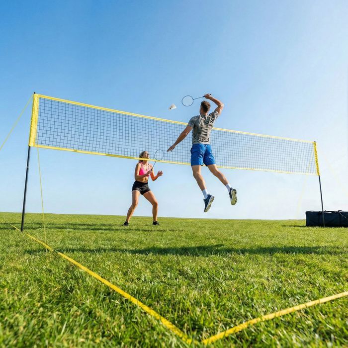 Volleyball and Badminton Set - SPORTNOW - Adjustable Height Steel Posts - Rackets and Shuttlecocks - Steel - Black