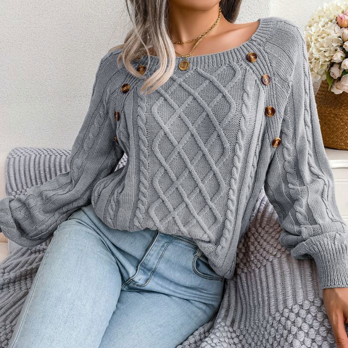 Maglione da donna a maniche lunghe in maglia, scollo quadrato, modello ampio a trecce con bottoni, tinta unita, autunno/inverno - taglia europea - grigio