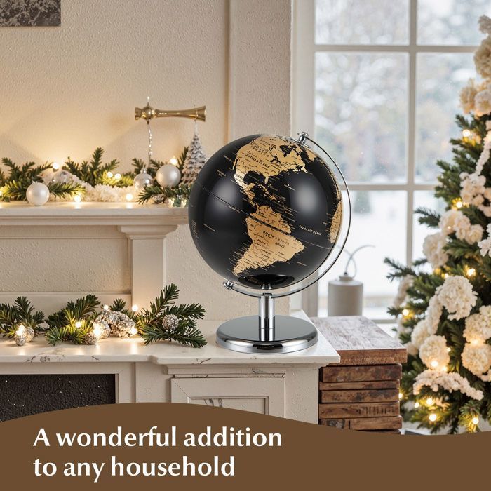 Globo antigo LIFEZEAL de 20 cm com base de metal prateado - Para estudantes e adultos, decoração, preto e dourado