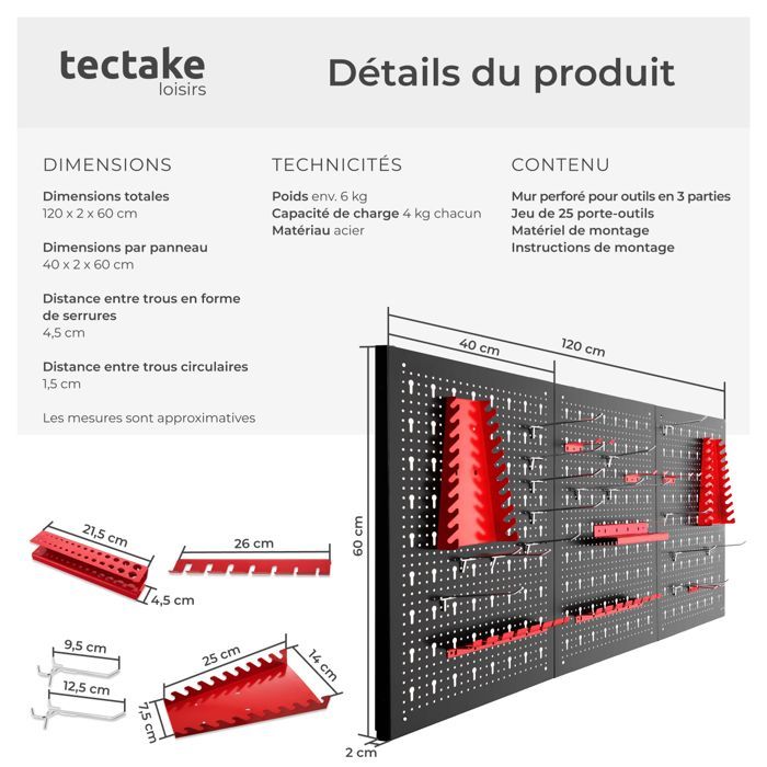 Almacenamiento de herramientas - TECTAKE - Juego de 3 paneles de acero perforado JONAH para un práctico almacenamiento de herramientas con ganchos incluidos.