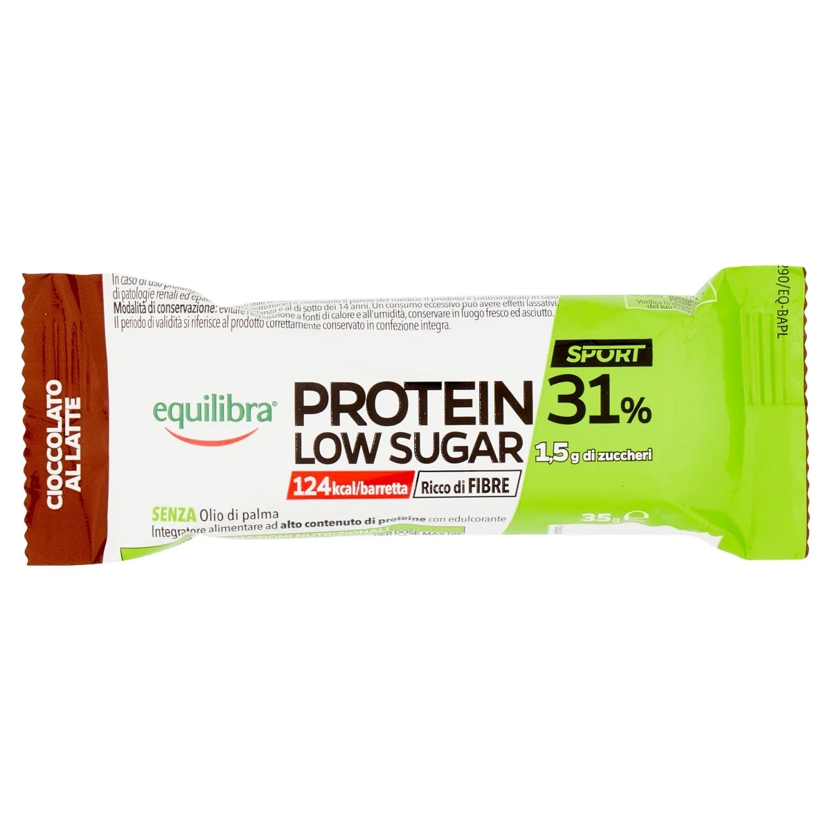 Equilibra Proteinreep Equilibra Protein 31% met een laag suikergehalte, melkchocolade, 35 g, voor gebruik na het sporten.