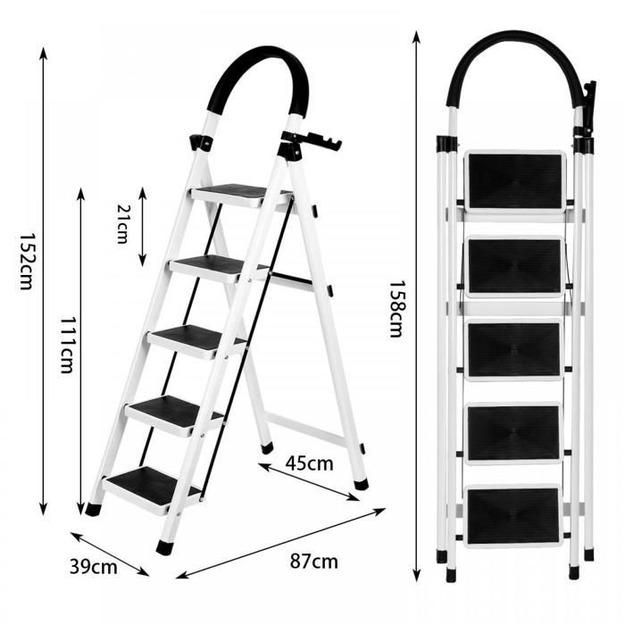 JEOBEST Folding Step Ladder, 5 Steps, Carbon Steel, Space-Saving, Wide and Non-Slip Steps, 39x87x152cm