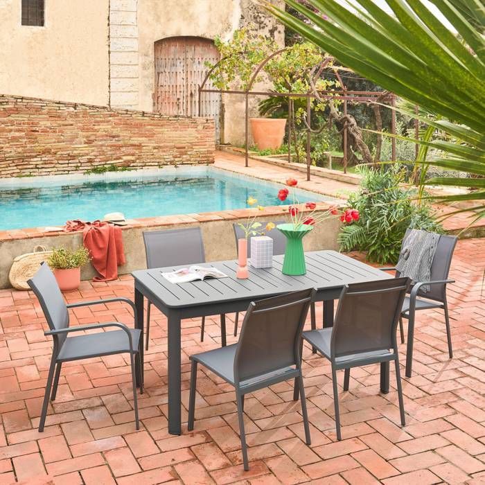 Tavolo da giardino allungabile in alluminio + 6 posti a sedere color antracite. 4 sedie. 2 poltrone. 6 posti a sedere. Textilene