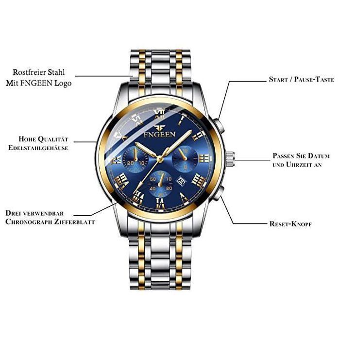 Men's Business Stainless Steel Wristwatch, Waterproof, Luminous Hands, Automatic Date, Chronograph