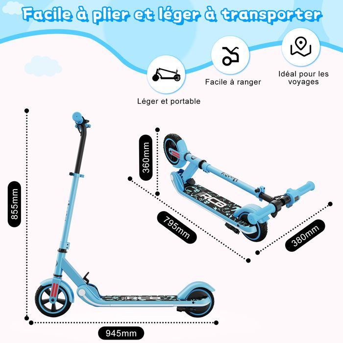 RCB R11S Trottinette Électrique Enfants, Écran LED, Néons Colorés, Vitesse et Hauteur Réglables, Cadeau Idéal Bleu