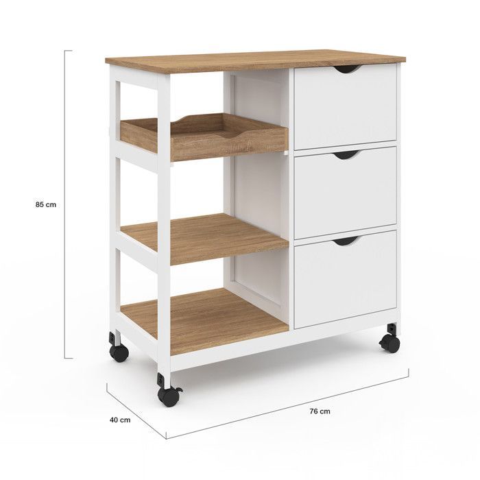 IDMARKET Desserte de cuisine MUNA 3 paniers + 1 plateau amovible blanc et effet hêtre L.76 cm