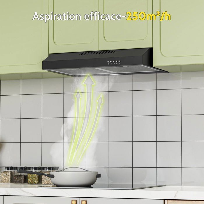 Cappa sottopensile FIREGAS da 60 cm nera – 250 m³/h – Aspirazione o ricircolo – Classe energetica A+