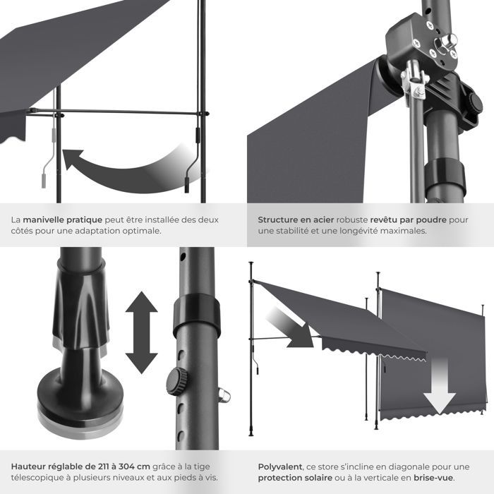Toldo de jardín - TECTAKE - Toldo de clip sin taladrar, con manivela regulable en altura - Negro/Gris - 300 x 180 cm