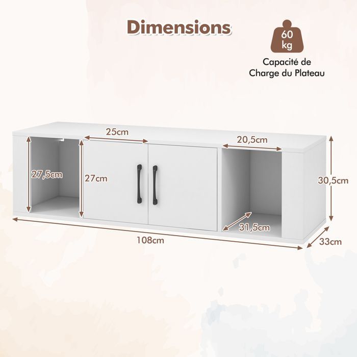 COSTWAY Wandplank met 2 deuren, zwevende opbergkast met 2 vakken voor onder de tv of een consoletafel, wit