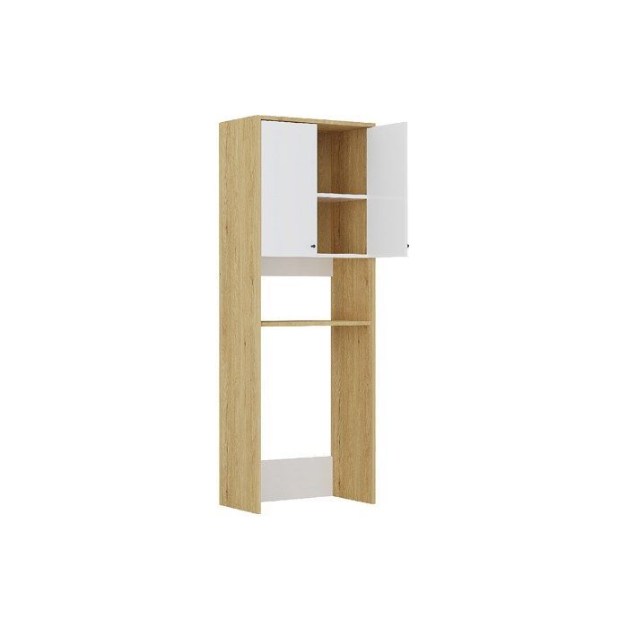Wasmachinekast met dubbele deuren - B65 x H180 cm - Wit en licht naturel - WORIKA