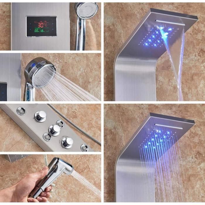 Colonna doccia in acciaio inox spazzolato, display LED della temperatura, 6 getti massaggianti, soffione a pioggia, cascata, doccetta, bidet.