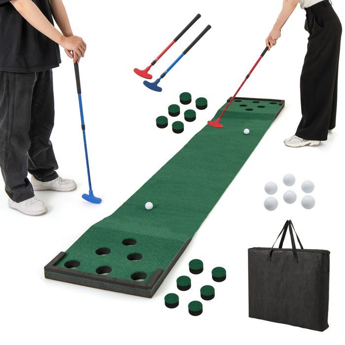 Tapete de práctica de golf COSTWAY de 332 cm con 2 putters ajustables, 6 pelotas y 12 fundas para hoyos, ideal para veladas familiares.