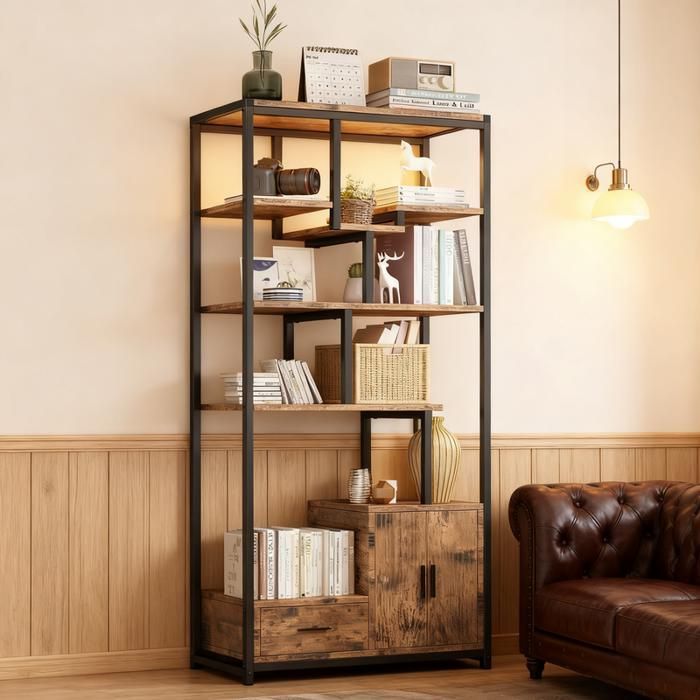 Bibliothèque à 6 Niveaux - NHHF - Étagère avec LED - Meuble de Rangement avec Tiroir et 2 Portes - Cadre en Métal - Brun et Noir