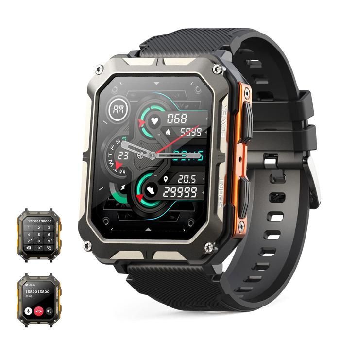 Montre intelligente militaire pour hommes avec appel, tracker d'activité, IP68 (noir)