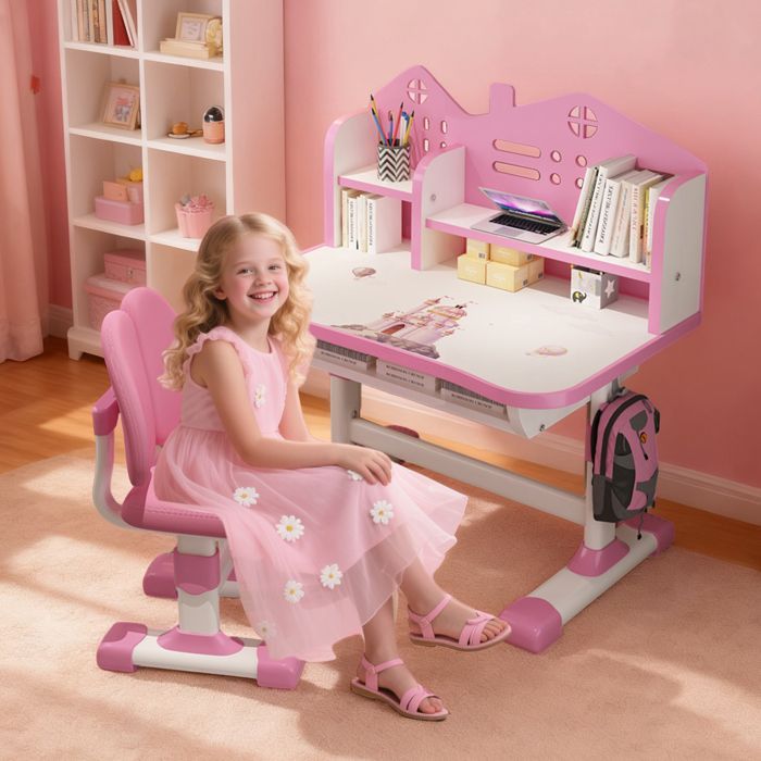 Verstellbares Kinderschreibtisch-Set – Verbreiterte, neigbare Tischplatte – Schublade und Cartoon-Design