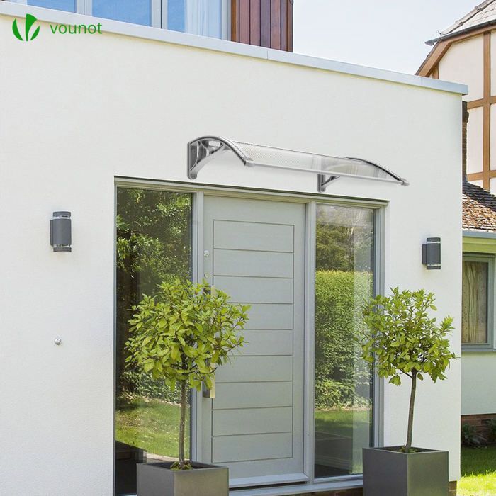 Marquesina para puerta de entrada VOUNOT® de 120x80 cm con soporte central - Policarbonato transparente - Resistente a los rayos UV - Gris