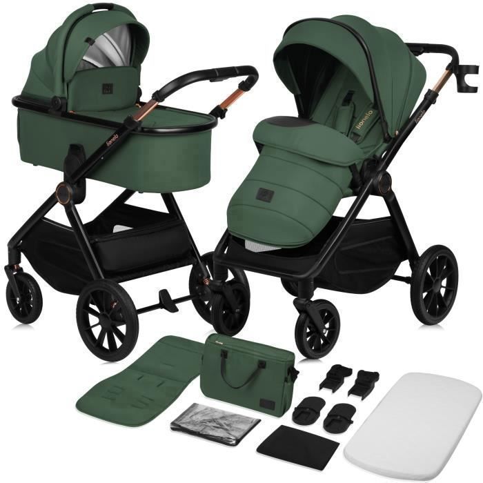 LIONELO Layla 2-in-1 Travel System - From Birth up to 22kg - Duo Stroller Pack, Carrycot, Bag and Accessories - Green