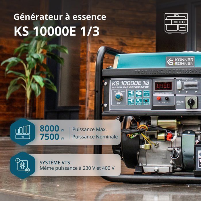 KS 10000E-1-3 petrol generator, variable voltage switching system (VTS) with a maximum power output of 7500W/8000W (230V/400V)