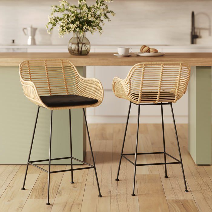 Lot de 2 chaises pour îlot central 66 cm en rotin et tissu noir - Pops - Rendez-Vous Déco