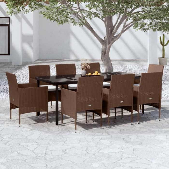 Conjunto de comedor de jardín - vidaXL - 9 piezas - Marrón/negro - Resina tejida - Acero con recubrimiento en polvo - Cristal