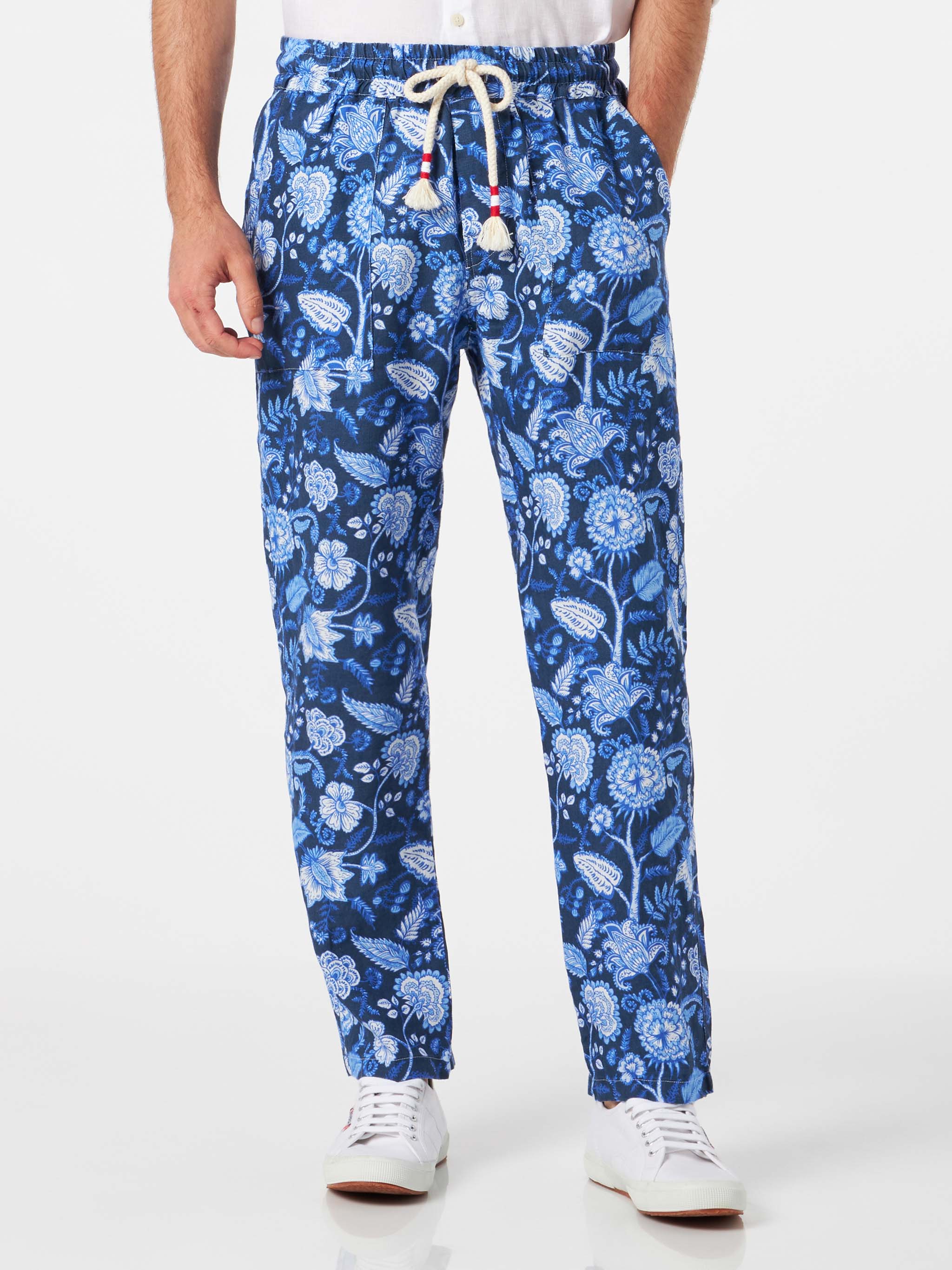 Herenbroek van linnen met bloemenprint