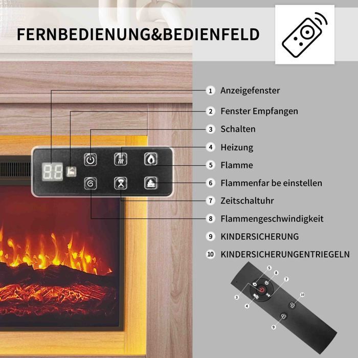 Cheminée Électrique Manteau Chêne 101cm - Flamme 3D & LED Couleur - Chauffage d'Appoint - Luminosité Réglable - Design moderne