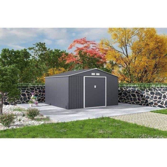 Abri de jardin en métal 10,85 m² - 340 x 319 x 210 cm - JUPITER - Kit d'ancrage inclus, 2 portes coulissantes - Gris