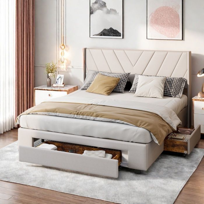 Cama doble de 160 x 200 cm, cama individual de 160 x 200 cm con 3 cajones, cama tapizada, con cabecero, estructura de cama, ropa de cama, color beige.