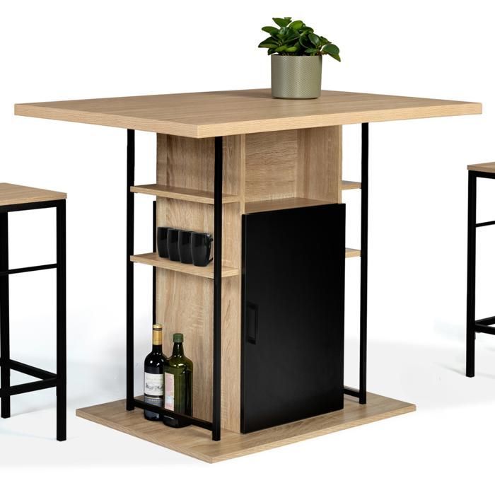 Ilha central IDMARKET UGO de 110 cm em madeira preta com efeito de faia e espaço de armazenamento com design industrial.