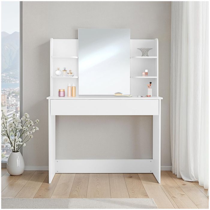 Coiffeuse - TECTAKE - Table de maquillage CAMILLE avec tiroir et 4 compartiments 100 x 40 x 139,5 cm - Blanc