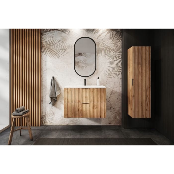 FLOW Bathroom Furniture Set - 80cm Countertop Basin Unit and Wall Cabinet - Oak