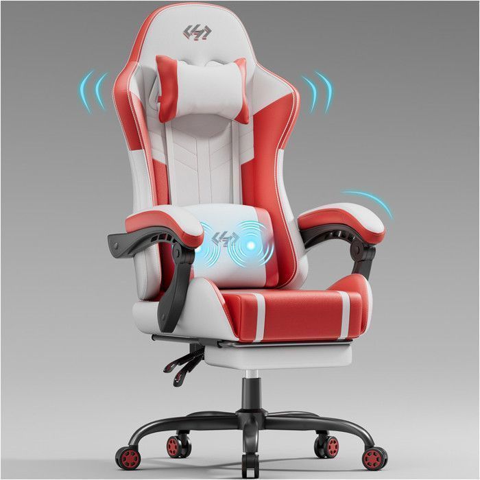 ECOFURNIX Fauteuil de Bureau Massant, Fauteuil Gaming Réglable avec Coussin de Massage Lombaire et Repose-Pieds, Rouge et Blanc