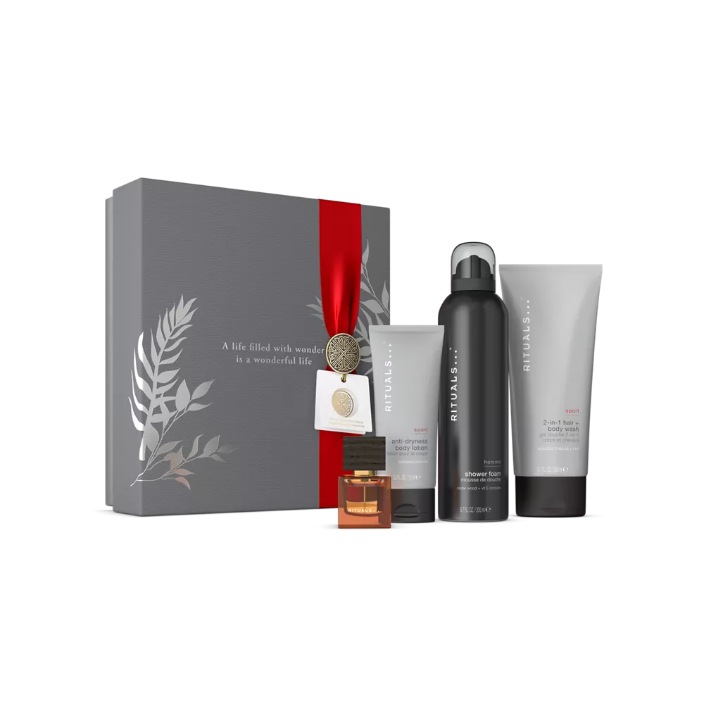 Set de regalo Homme M: gel de ducha espumoso 200 ml, champú y gel de ducha 2 en 1 200 ml, loción anti-sequedad 70 ml, perfume de viaje 15 ml.