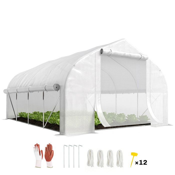 Outsunny 12m² Garden Tunnel Greenhouse (395x300x200cm) - 8-window door with mosquito nets, high-density 140g/m² PE cover - white