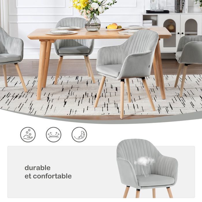 WOLTU 4 sillas de comedor de terciopelo, sillas para cocina, sala de estar, cafetería, patas de madera maciza, gris claro W0ATT0148-4